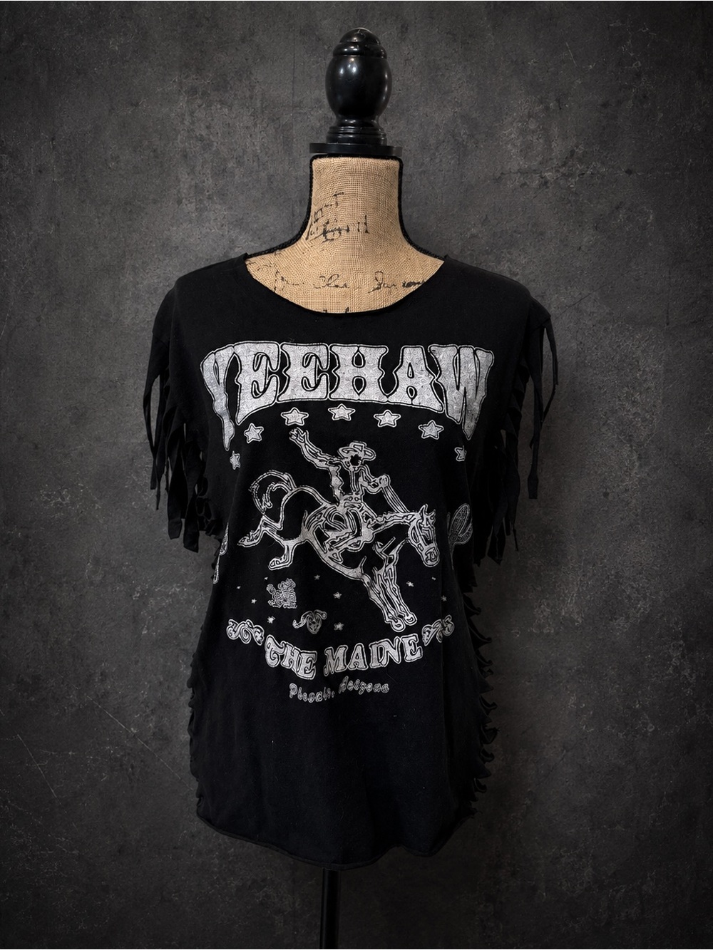 Black Tee with Rodeo Graphic & Fringe Sleeves